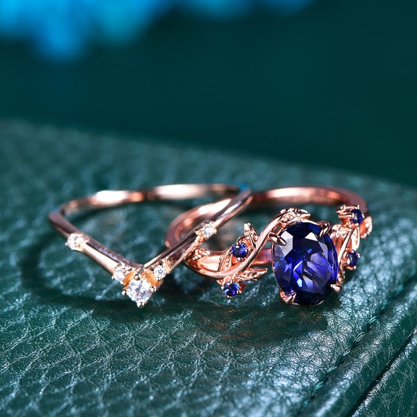 Vintage Sapphire Wedding Ring set, Oval Shaped Gemstone Ring, Bridal Anniversary Ring, Leaf Branch Curved wedding band, Handmade Bridal Set