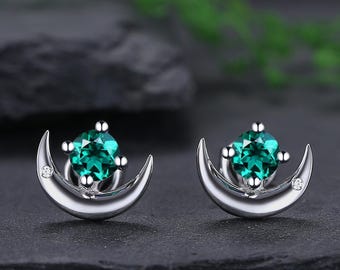 Unique Moon Design Emerald Stud Earrings Round Emerald Jewelry Crescent Moon Earrings Gothic Black Gold Earrings May Birthstone Earrings