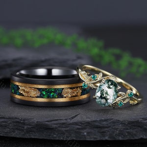Moss Agate & Meteorite Couples Rings Black and Gold Ring Set His and Hers Wedding Band Couples Promise Rings Anniversary Rings for Her
