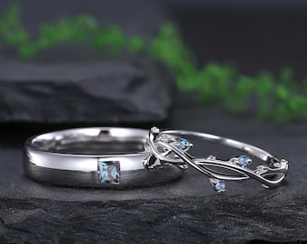 Conjuntos de anillos de pareja con hojas de princesa alejandrita, anillos de promesa a juego para parejas, alianzas de boda para él y para ella, anillos de compromiso para pareja para mujeres