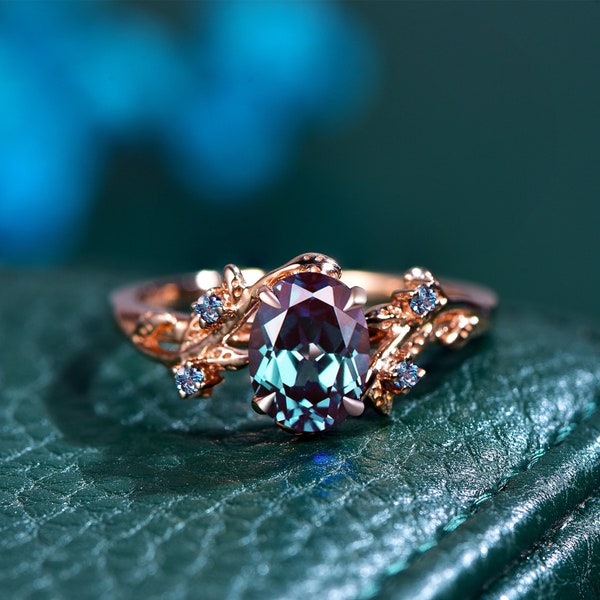Anello di fidanzamento con alessandrite ispirato alla natura Unico anello di fidanzamento con ramoscello che cambia colore in oro rosa, anello nuziale per regalo da donna