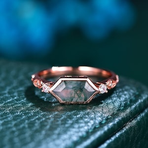 Vintage Long Hexagon Cut Moss Agate Ring Diamond Rose Gold Band Natural Green Moss Agate Jewelry Art Deco Promise Engagement Ring For Women