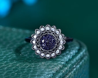 Vintage Blue Sandstone Ring Vintage Round Brilliant Blue Goldstone Engagement Ring Unique Infinity Star Flora Wedding Ring for Women Silver