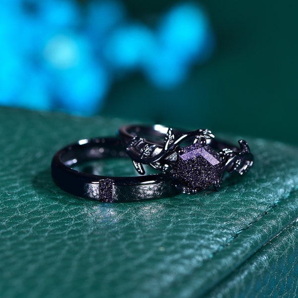 Nebula Couple's Ring Set 2pcs Wedding Band Set Customize Constellations Rings Blue Sandstone Ring Engagement Ring Wedding Anniversary Gift