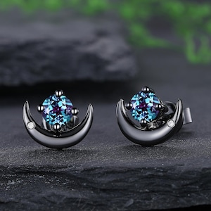 Dainty Round Cut Alexandrite Earrings Black Gold Moon Stud Earrings for Women Unique Earrings Gift for Her Gothic Alexandrite Stud Earrings