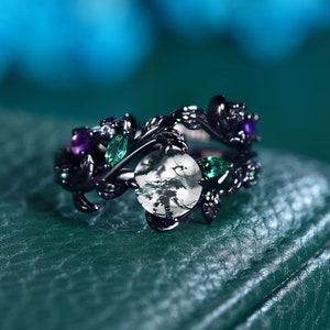 Vintage round moss agate engagement ring set black gold twig leaf emerald ring unique art deco wedding ring set gift for him promise rings