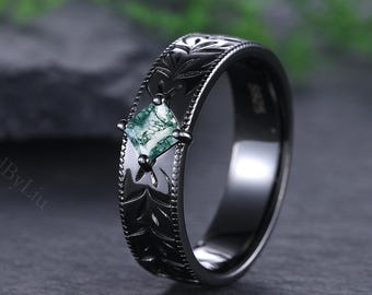 Nature-inspired leaf cluster moss agate wedding band men wedding ring 14k black gold branch engagement ring gift for him promise rings