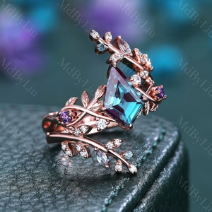 Vintage Kite Alexandrite Engagement Ring Leaf Amethyst Enhancer Wedding Band Gift for Her 14K Rose Gold Promise Ring for Women Handmade Ring