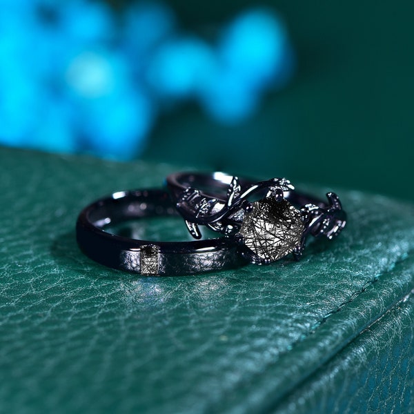 Black Rutilated Quartz Couple Ring Set Hexagon Cut Engagement Rings Matching Promise Ring Natural Rutilated Quartz His and Hers Wedding Ring