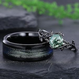 Nature Inspired Moss Agate Couple Rings His and Hers Matching Ring Set Green Aurora Design Tungsten Men's Ring Anniversary Gifts for Women