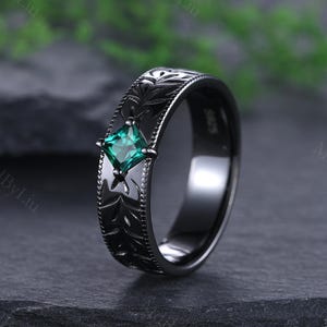 Aliança de casamento masculina com esmeralda e folhas inspiradas na natureza, anel de noivado em ouro negro 14k com ramos de esmeralda, presente para ele, alianças de compromisso