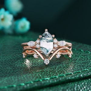 Long Hexagon Cut Engagement Ring Moss Agate Ring Wedding Ring Set Anniversary Ring Vintage Half Eternity Band Matching Ring Gift For Her