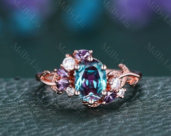 Vintage oval alexandrite engagement ring nature inspired leaf amethyst ring rose gold wedding band enhancer twisted bridal ring for women