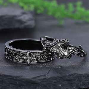Black Rutilated Quartz Couple Rings Set Leaf Branch Engagement Ring for Couples Gothic Nature Wedding Gift for Her Matching Couples Rings