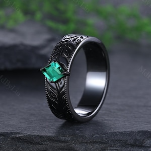 Nature-inspired leaf clusters Emerald Wedding Band Men Wedding Ring 14k Black Gold Branch Engagement Ring Gift for Him Wedding Promise Rings
