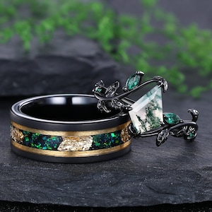 Nature Inspired Moss Agate Couple Rings His and Hers Matching Ring Set Green Moss Agate Black Gold Band Green Opal Men's Ring Gift for Women