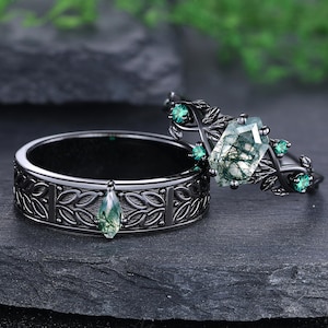 Vintage Moss Agate Couple Rings Nature Inspired Leaves Branches Emerald Engagement Ring Set His and Hers Matching Rings Anniversary Gifts
