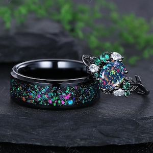 Black Opal Couple Rings Black Gold Wedding Bands His and Hers Matching Ring Set Fire Opal Engagement Ring Set Anniversary Gift for Women