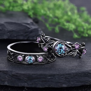 Alexandrite Couples Rings Leaf Branch Engagement Ring Set Moon Amethyst Wedding Ring for Women Vintage Crescent Bridal Set Matching Rings