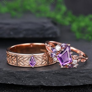 Vintage kite amethyst couple ring set Rose gold amethyst engagement ring his and hers wedding band February Birthstone Ring Moissanite Ring