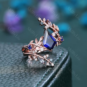 Vintage kite cut blue sapphire ring unique engagement ring set 14k rose gold marquise cut diamond ring women promise bridal wedding ring set