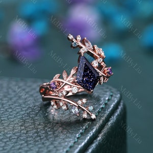 Vintage Kite Cut Blue Sandstone Engagement Ring Bridal Sets Nature Inspired Cluster Promise Ring Art Deco Leaf Branch Ring Gift for Her