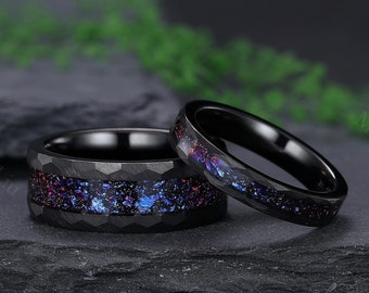 Gothic Colorful Gravel Tungsten Steel Ring, Alexandrite and Sapphire Tungsten Couple Ring His and Hers Wedding Band Men & Women Promise Ring