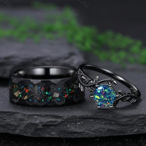 Vintage Black Opal Couple Ring Set Black Gold His and Her Wedding Band Natural Leaf Engagement Ring Mens Tungsten Ring Anniversary Gifts