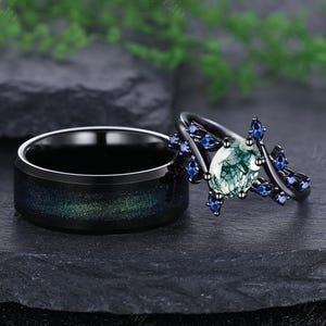 Leaf Moss Agate Couple Rings His and Hers Matching Ring Green Aurora Tungsten Men&#39;s Wedding Band Moss Agate Wedding Ring Anniversary Gifts