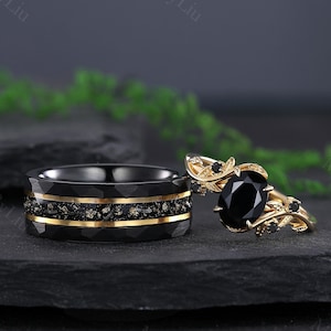 Ensemble de bagues pour couple en or onyx noir et météorite, bagues assorties en or, alliance pour elle et lui, promesse de mariée, bague empilable, cadeaux d&#39;anniversaire