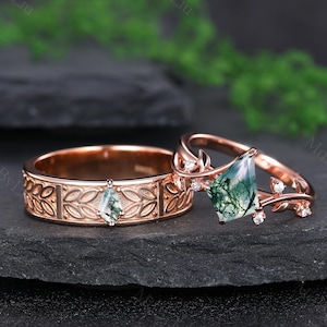 Rose Gold Kite Cut Moss Agate Couple Rings Leaf Engraved Engagement Ring Set His and Her Rings Anniversary Ring for Women Twig Leaf Ring