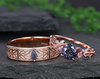 Vintage Blue Sandstone Couple Ring Set Orion Nebula Women's Wedding Ring His and Hers Wedding Band Amethyst Ring Gift for Her Anniversary