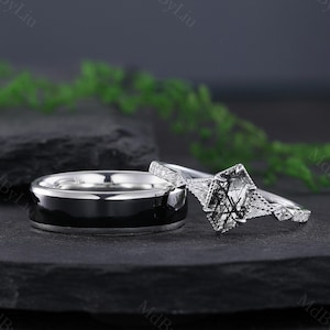 Black Rutilated Quartz Couple Ring His and Hers Wedding Band Sterling Silver Black Quartz Engagement Ring Personalized Gift Rings for Women