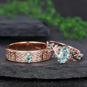 Vintage Moss Agate Couple Ring Rose Gold Matching Ring Set Moss Agate Nature Inspired Ring His and Hers Moss Agate Promise Ring Gift for Her