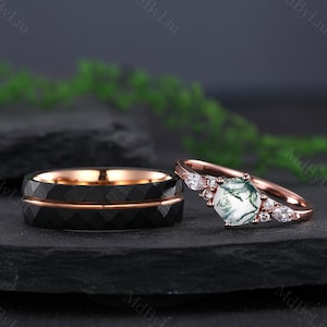 Vintage Green Moss Agate Couples Ring Rose Gold Matching Ring His and Hers Wedding Band Stacking Ring Promise Ring Anniversary Gifts