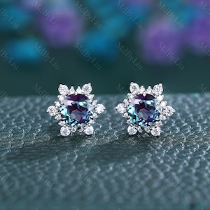 Alexandrite earrings, dainty alexandrite earrings, brilliant cut purple and green alexandrite earrings, flatback earrings, screwback studs