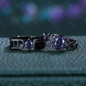 Outer Galaxy Ring Set, Matching Promise Rings for Couples Blue Sandstone Rings Engagement Ring Anniversary Gift for her Vintage Wedding ring