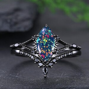 Gothic Black Opal Engagement Ring Unique Opal and Black Diamond Ring Fire Opal Ring Set Galaxy Opal Bridal Ring for Women Anniversary Gifts