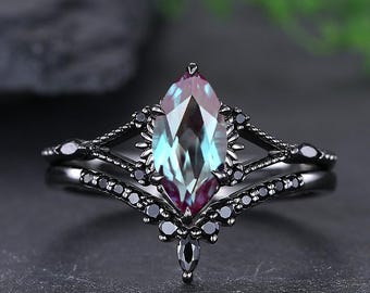 Unikatowy zestaw pierścionków zaręczynowych z aleksandrytem w szlifie markizowym, gotycki czarny złoty zestaw ślubny, pierścionek z wyrazistym wzorem, prezent dla niej, pierścionki rocznicowe