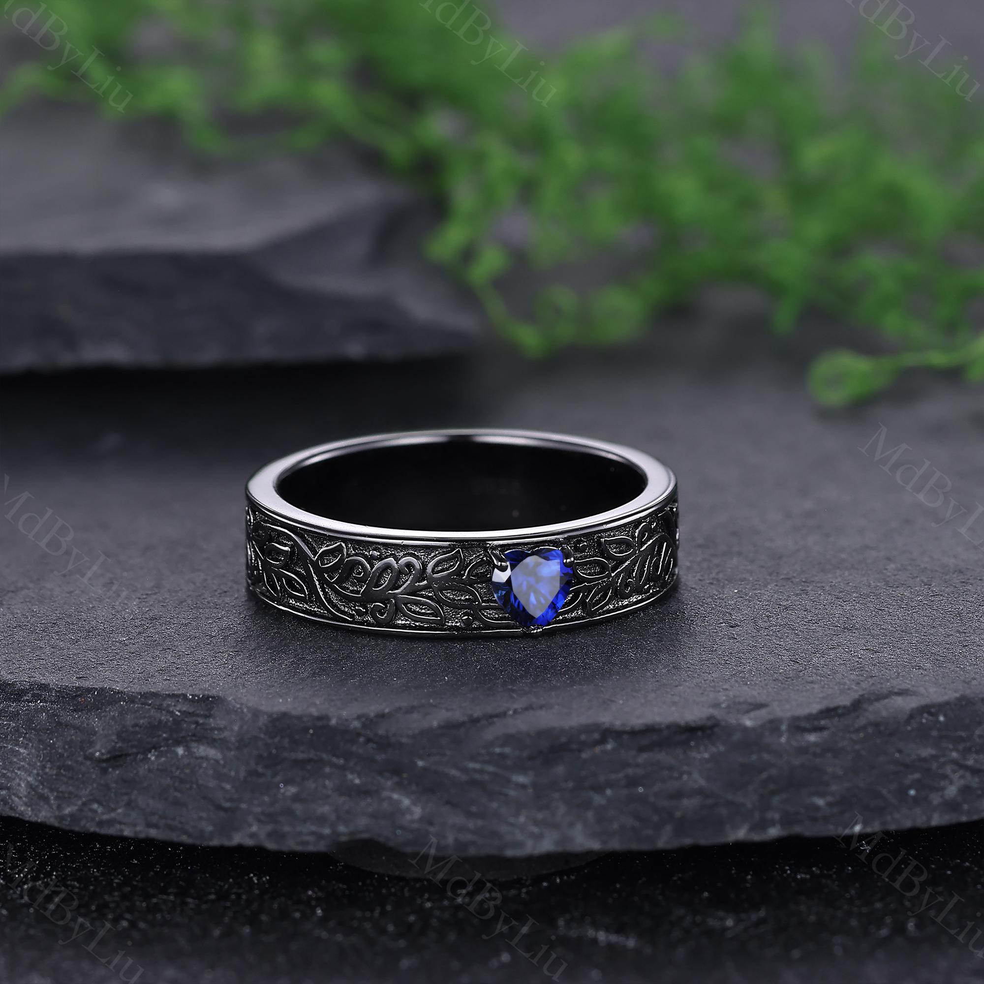 Leaf Sapphire Wedding Band Gothic Black Gold Engagement Ring