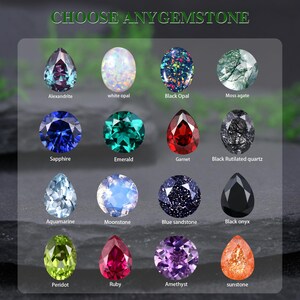 May include: A collection of gemstones, including Alexandrite, white opal, Black Opal, Moss agate, Sapphire, Emerald, Garnet, Black Rutilated quartz, Aquamarine, Moonstone, Blue sandstone, Black onyx, Peridot, Ruby, Amethyst, and sunstone. Text reads: CHOOSE ANYGEMSTONE.