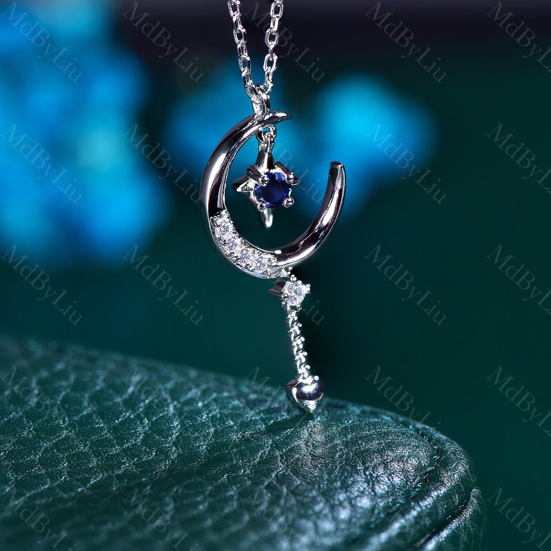 Crescent Moon Necklace in Sterling Silver Blue Sapphire Moon Necklace ...