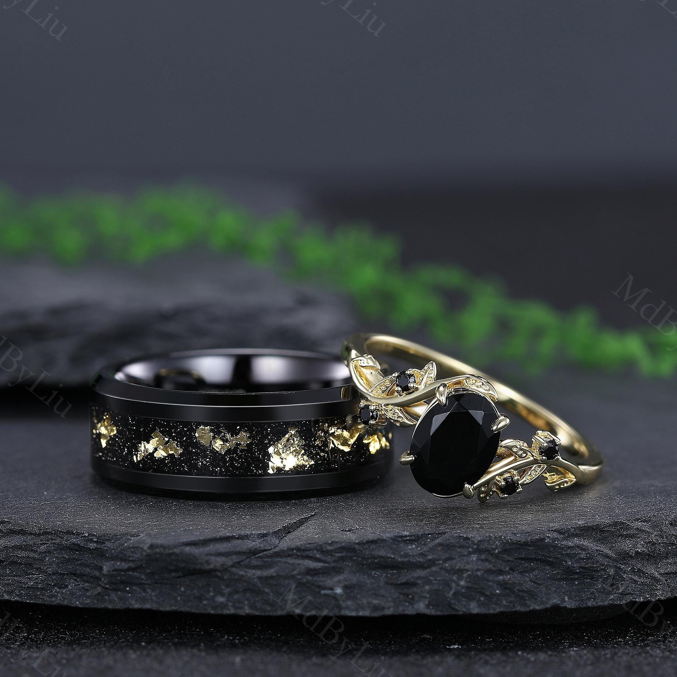 Black Onyx & Meteorite Gold Couples Rings Matching Ring Set His