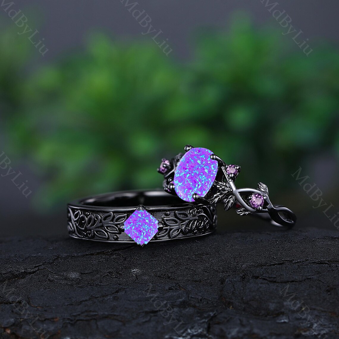 Purple Opal Couple Ring Set Nature-inspired Wedding Ring Set Gothic ...