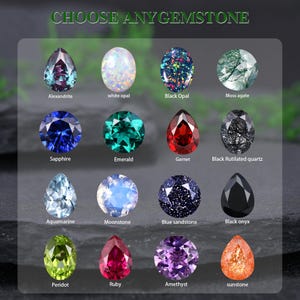 Pode incluir: Uma cole&ccedil;&atilde;o de pedras preciosas, incluindo alexandrite, opala branca, opala negra, &aacute;gata musgo, safira, esmeralda, granada, quartzo rutilado preto, &aacute;gua-marinha, pedra da lua, arenito azul, &ocirc;nix preto, peridoto, rubi, ametista e pedra do sol. O texto "CHOOSE ANYGEMSTONE" est&aacute; no topo.