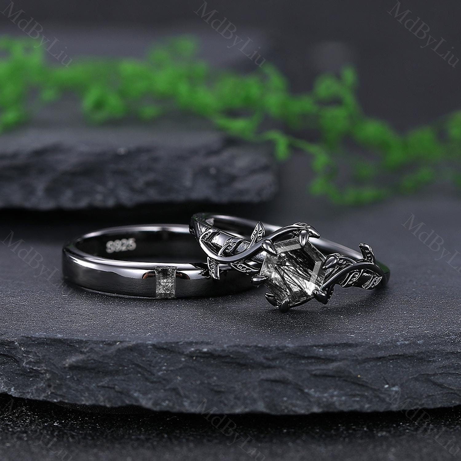 Moss Agate Couple Rings Wedding Ring Set His and Hers Wedding