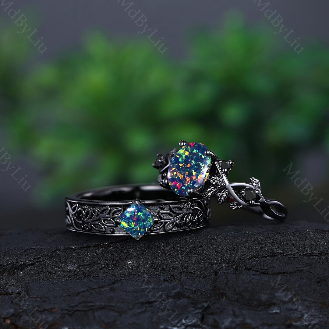 Couple Rings, Black Opal Promise Rings for Couples, His and Her