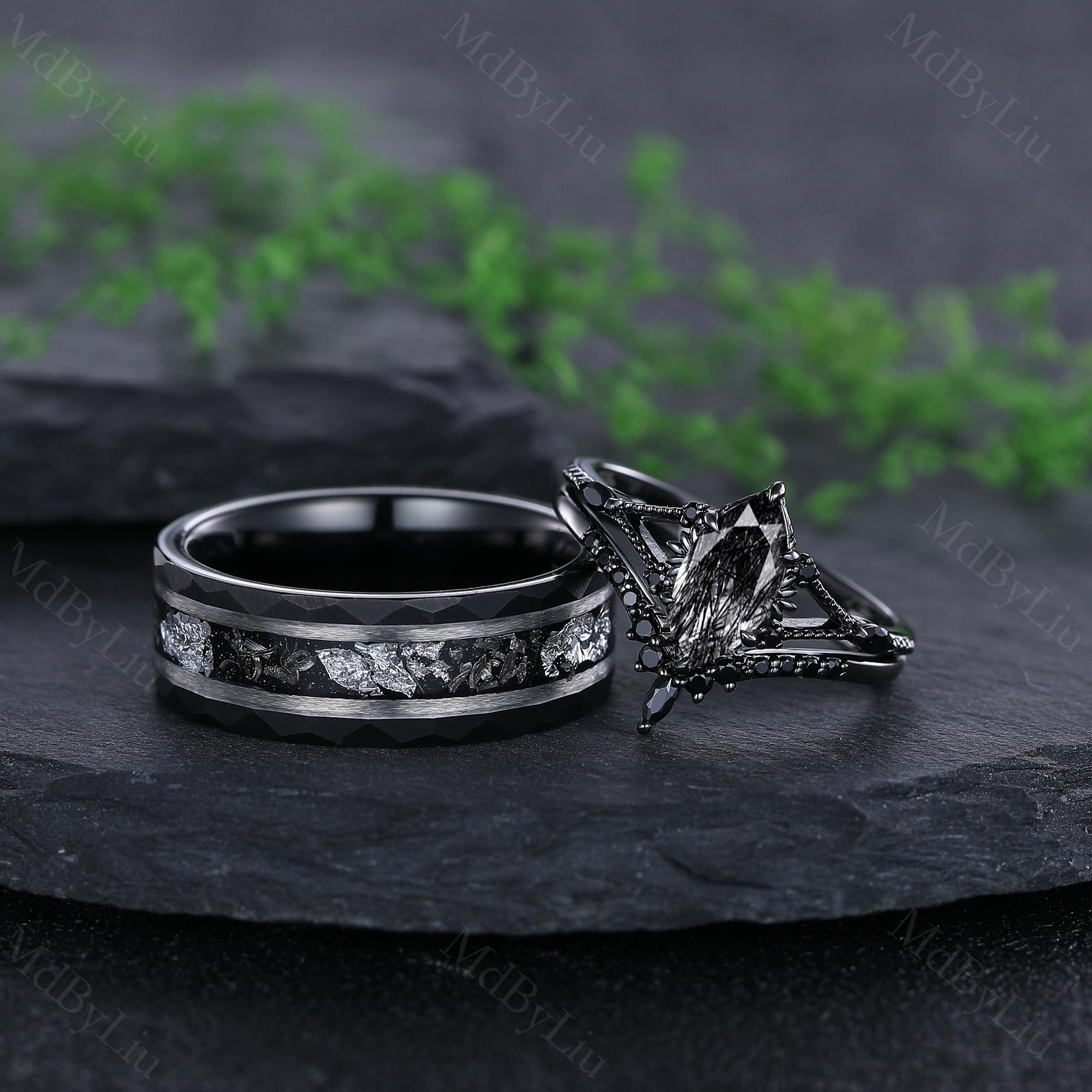 Gothic Black Rutilated Quartz Couple Rings His and Hers Wedding