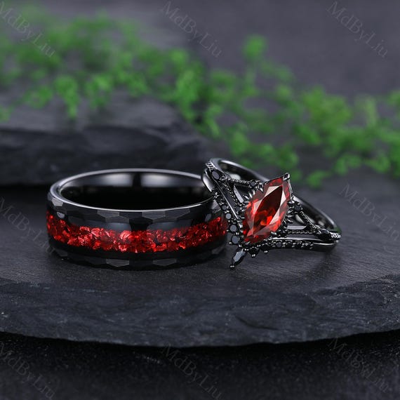 Gothic Garnet Engagement Ring Marquise Garnet Ring His and Hers