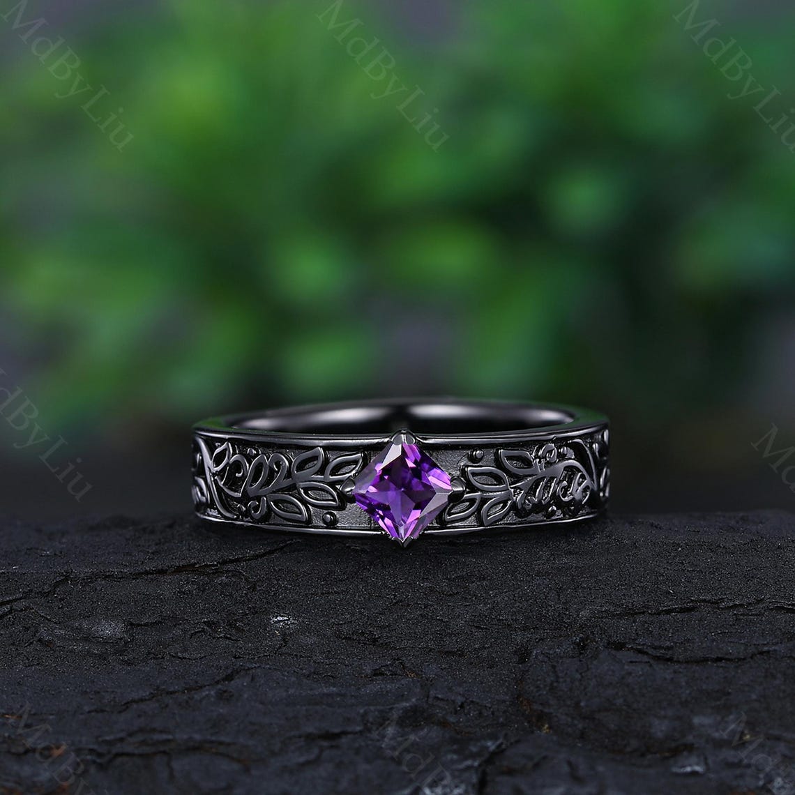 Nature Inspired Amethyst Couple Rings Gothic Black Gold Wedding Band ...